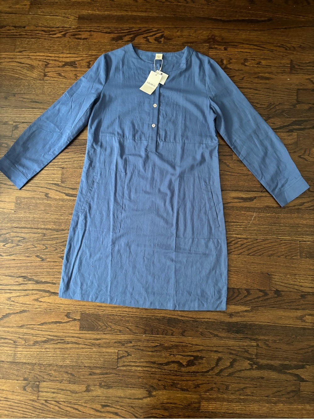NWT Lintico Blue Linen Cotton Button Down Dress